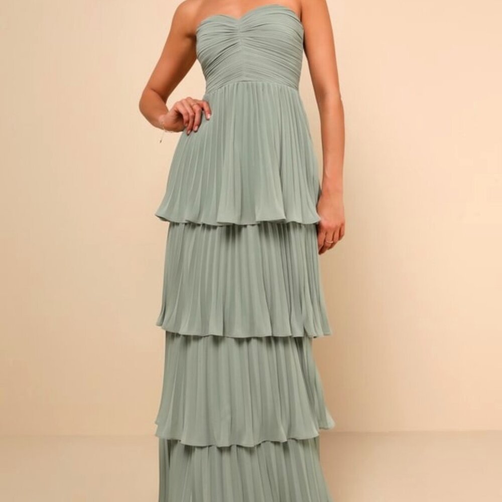 Lulus Seriously Sensational Sage Brush Strapless Tiered Maxi Dress Green